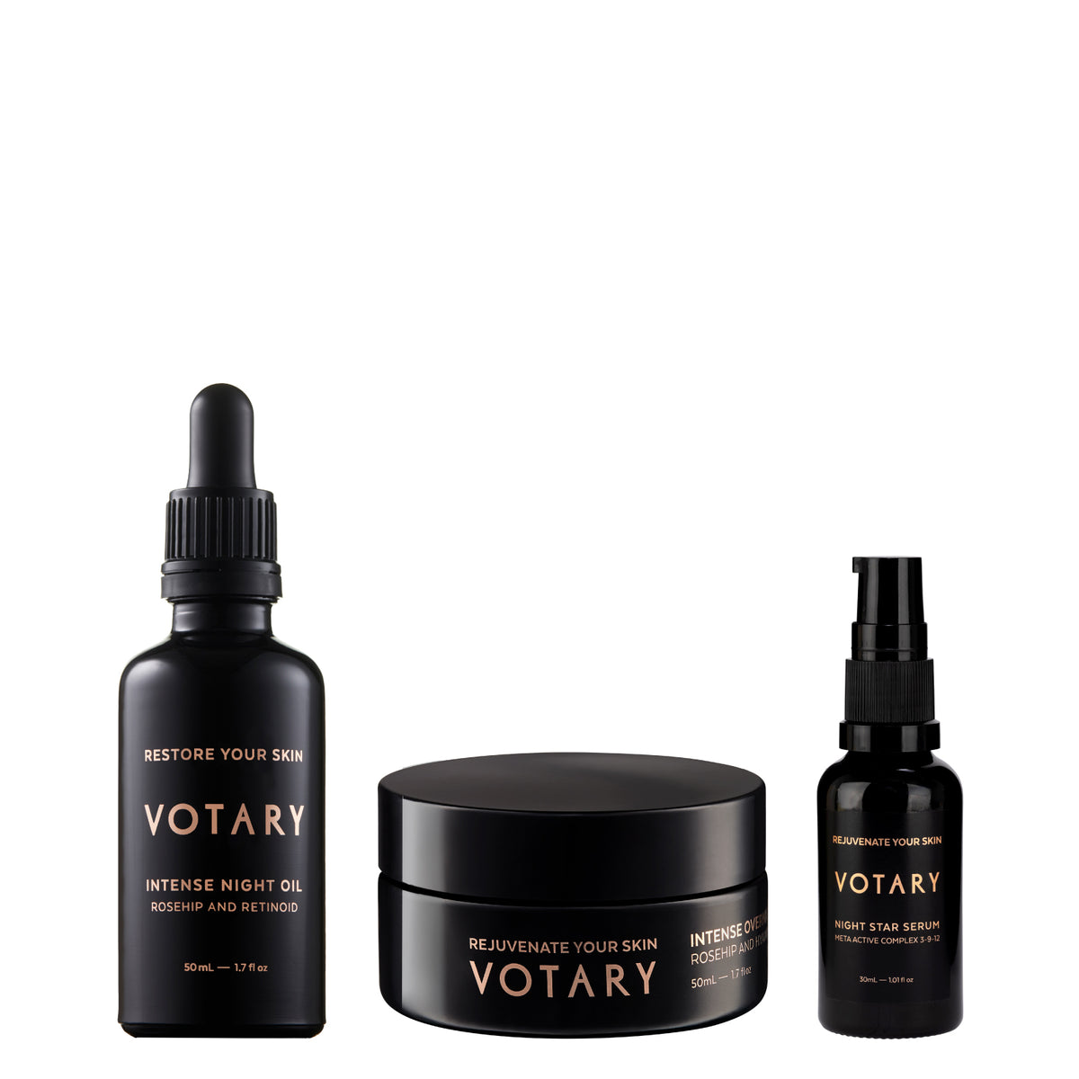 Advanced Night Repair Ritual includes Night Star Serum Meta Active Complex 3-9-12 30ml, Intense Overnight Mask Rosehip and Hyaluronic 50ml, and Intense Night Oil Rosehip and Retinoid 50ml