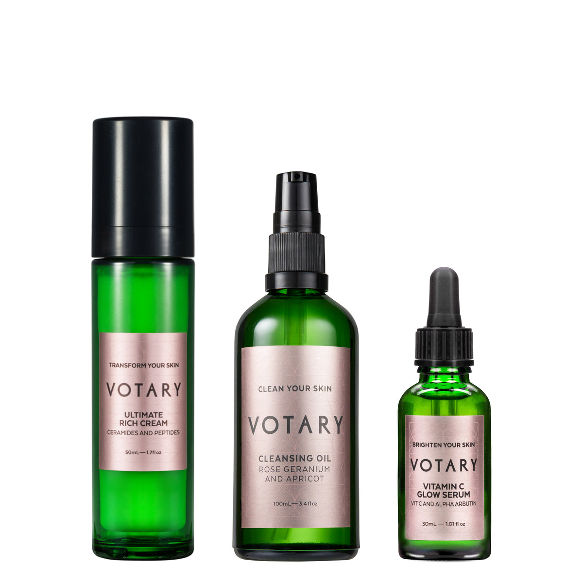 The Hydration Heroes set includes Cleansing Oil Rose Geranium and Apricot 100ml, Vitamin C Glow Serum Vit C and Alpha Arbutin 30ml, and Ultimate Rich Cream Ceramides and Peptides 50ml