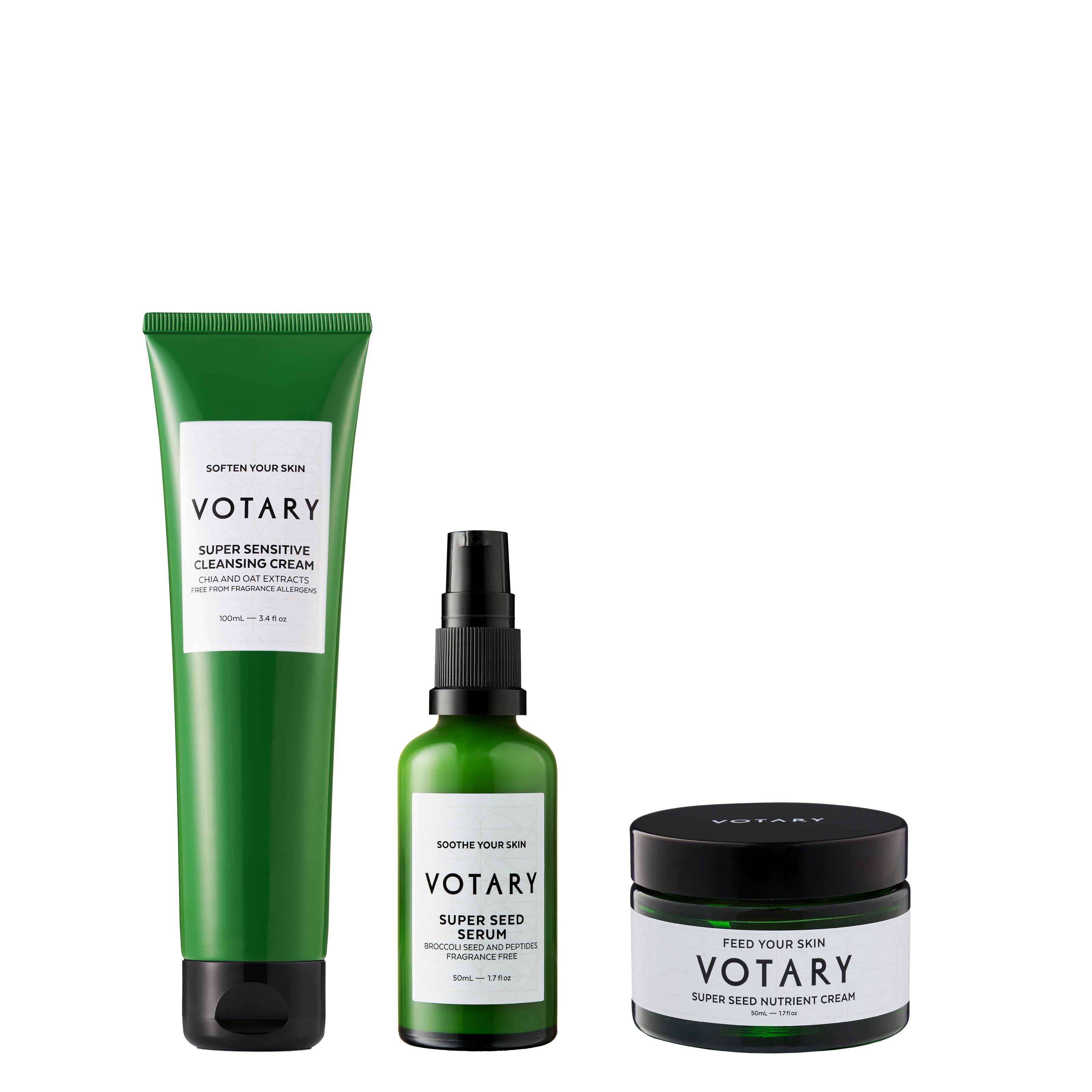 Sensitive Skin Recovery System includes Super Sensitive Cleansing Cream Chia and Oat Extracts 100ml, Super Seed Serum Broccoli Seed and Peptides 50ml, and Super Seed Nutrient Cream Fragrance Free 50ml