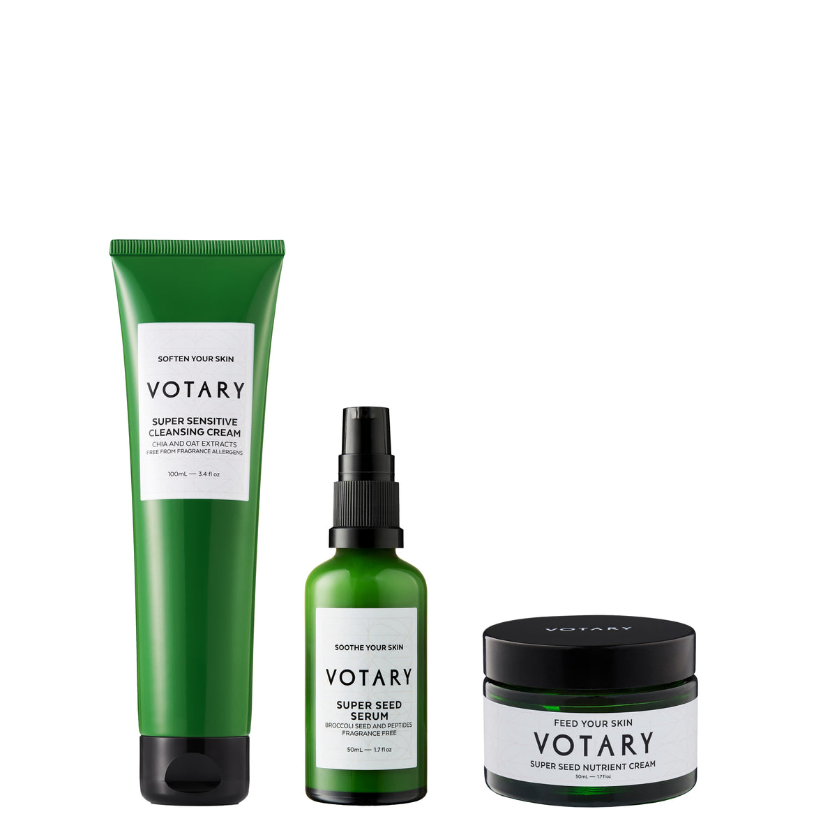Sensitive Skin Recovery System includes Super Sensitive Cleansing Cream Chia and Oat Extracts 100ml, Super Seed Serum Broccoli Seed and Peptides 50ml, and Super Seed Nutrient Cream Fragrance Free 50ml